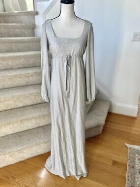 Vintage 1970s Metallic Silver Baby Doll Blouson Sleeve Maxi Hostess Dress